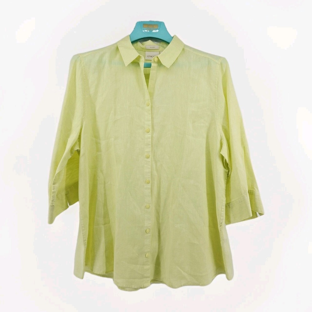 Chicos Non Iron Yellow Collared 100% Linen Blouse EUC Size 4 (2 XL) Button Down